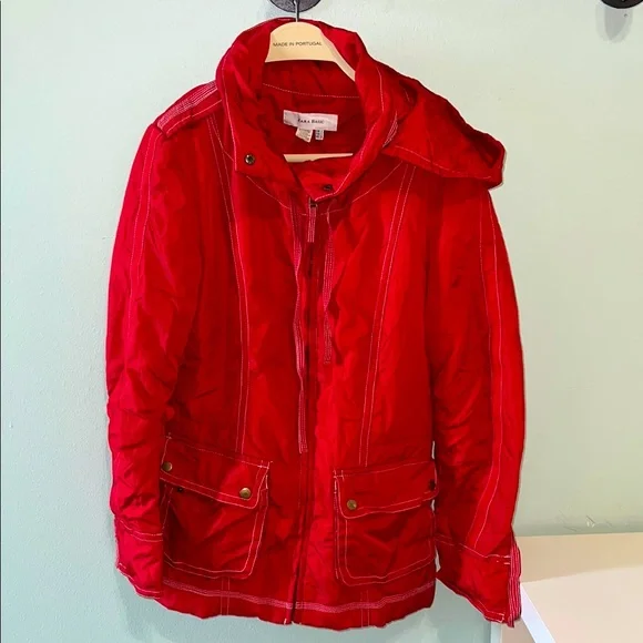 Zara Basic Women’s Red Raincoat Full Zip with Detachable Hoodie & Pockets, S